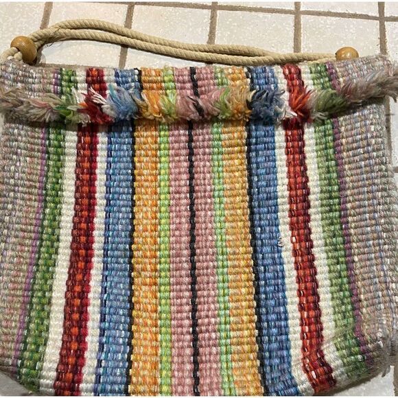 VTG 70s‎ Handmade Tote Bag Stripped Yarn With Snap Closure - Picture 2 of 5